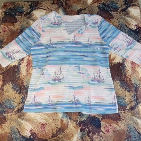 Tops - Women's Beautiful Coral Bay Sailboat Theme Pullover Petit X LARGE